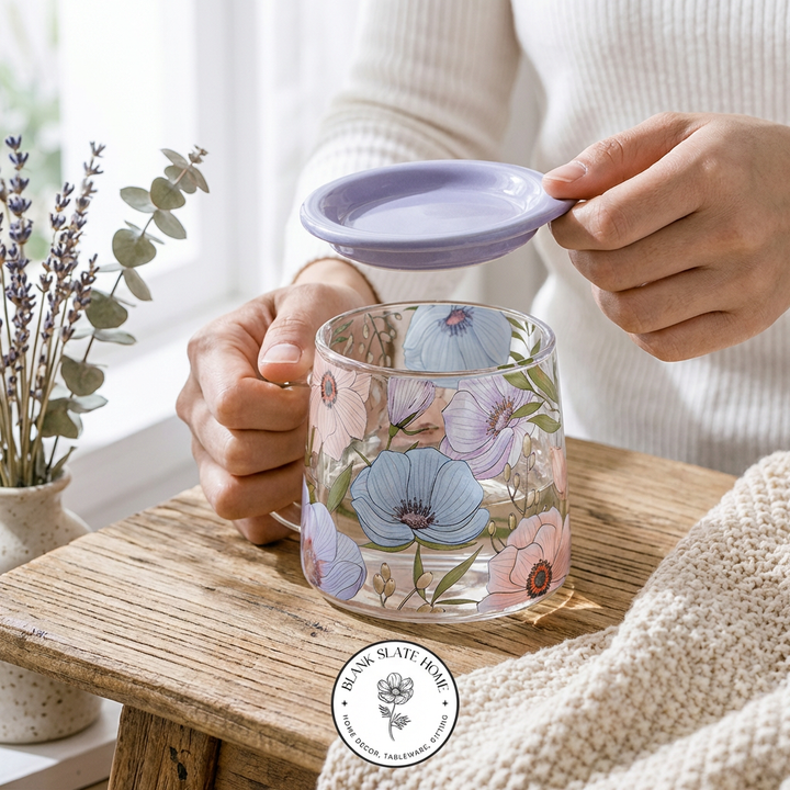 Glass Borosilicate - Tea Coffee Water Mug with Lid, Set of 2 - Floral Printed - Lilac Floral