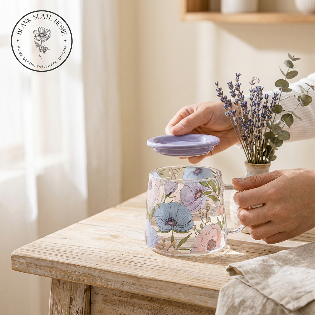 Glass Borosilicate - Tea Coffee Water Mug with Lid, Set of 2 - Floral Printed - Lilac Floral