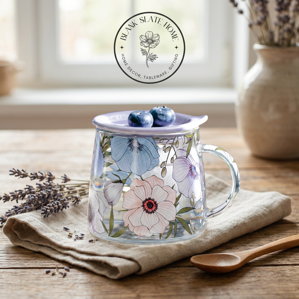Glass Borosilicate - Tea Coffee Water Mug with Lid, Set of 2 - Floral Printed - Lilac Floral