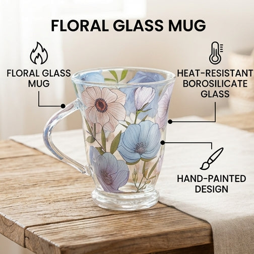 Glass Borosilicate - Tea Coffee Water Vintage Tall Mug Set of 2 - Floral Printed - Lilac Floral