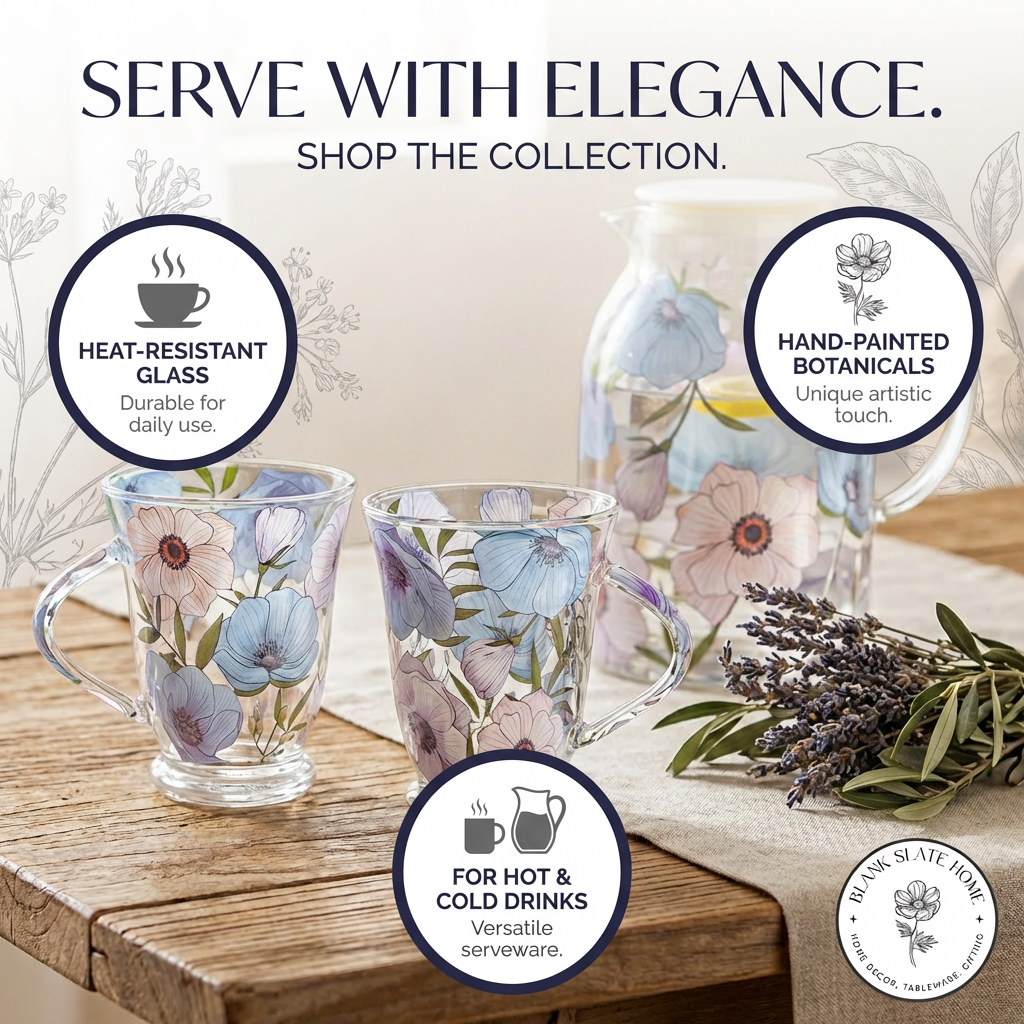Glass Borosilicate - Tea Coffee Water Vintage Tall Mug Set of 2 - Floral Printed - Lilac Floral