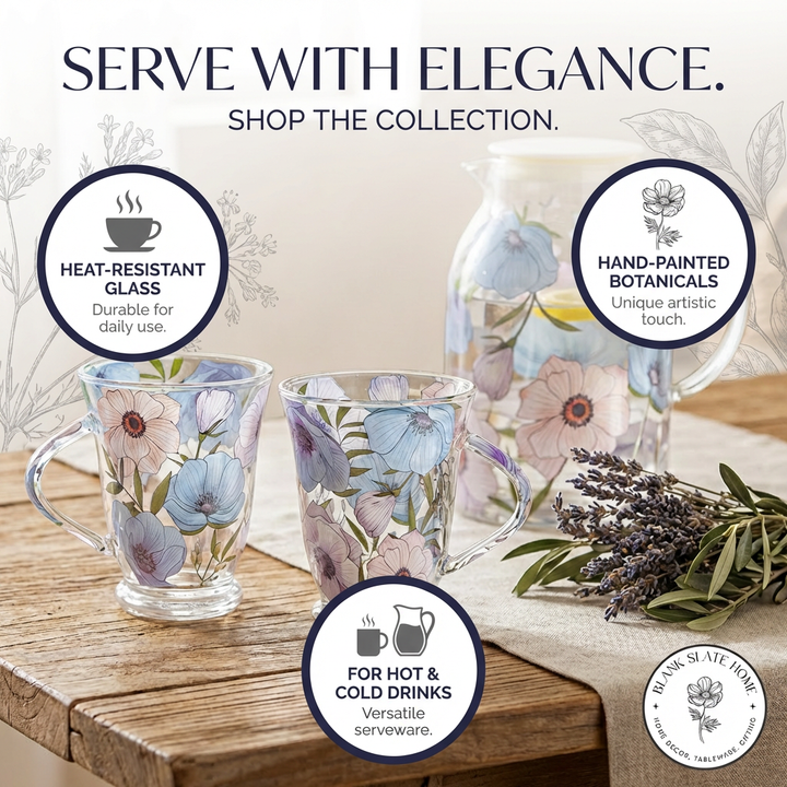 Glass Borosilicate - Tea Coffee Water Vintage Tall Mug Set of 2 - Floral Printed - Lilac Floral