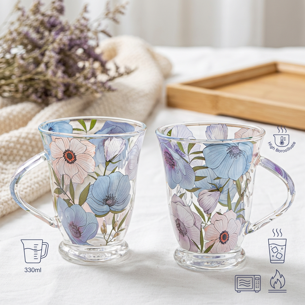 Glass Borosilicate - Tea Coffee Water Vintage Tall Mug Set of 2 - Floral Printed - Lilac Floral