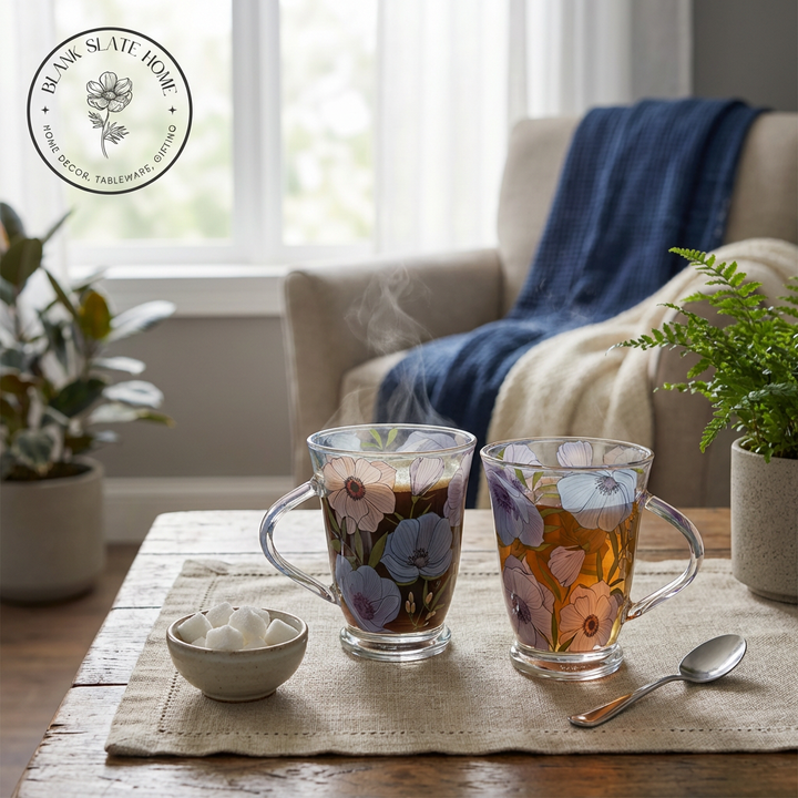 Glass Borosilicate - Tea Coffee Water Vintage Tall Mug Set of 2 - Floral Printed - Lilac Floral
