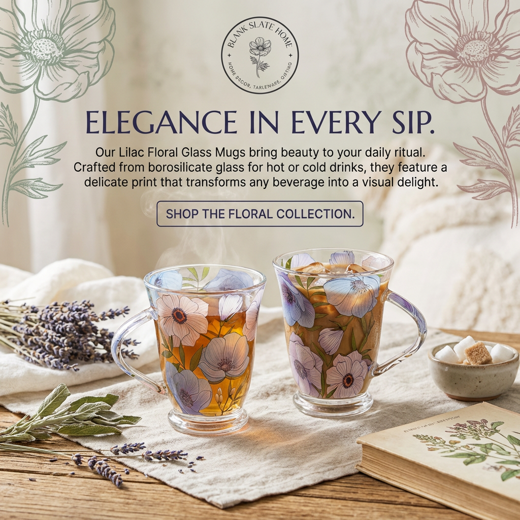 Glass Borosilicate - Tea Coffee Water Vintage Tall Mug Set of 2 - Floral Printed - Lilac Floral