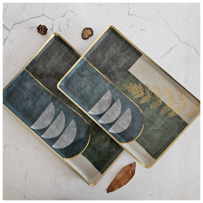 Metal Platter & Tray (Rectangle, Set of 2) - Abstract Gold Leaf
