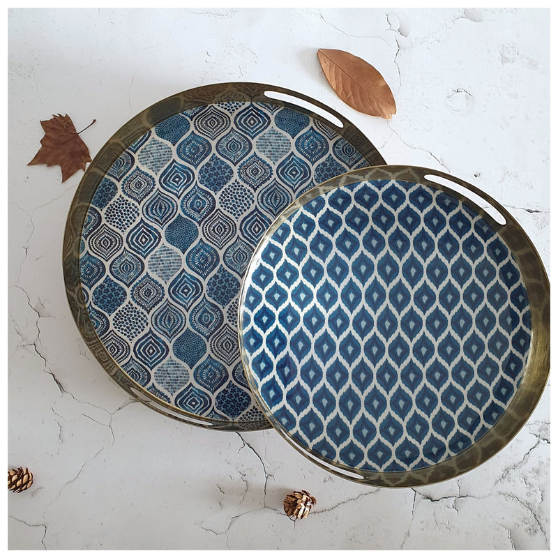 METAL TRAY - ROUND - HANDLE CUT - SET OF 2 - IKAT & PALM MANDALA
