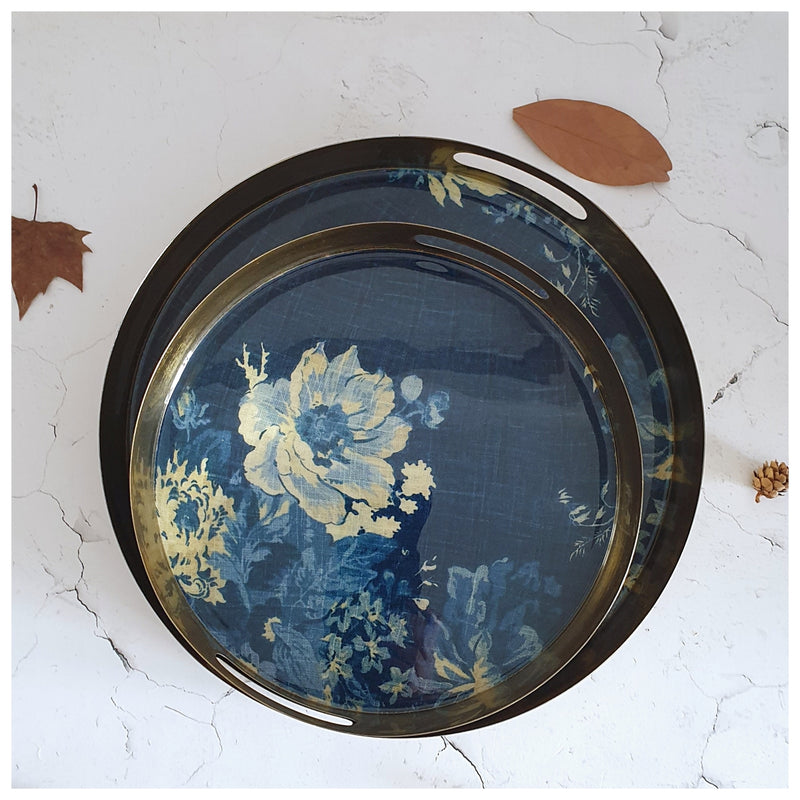 METAL TRAY - ROUND - HANDLE CUT - SET OF 2 - DENIM BLUE FLORAL