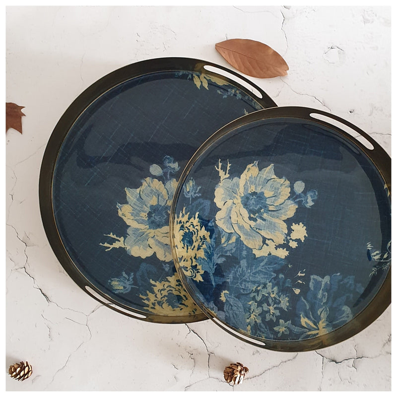 METAL TRAY - ROUND - HANDLE CUT - SET OF 2 - DENIM BLUE FLORAL