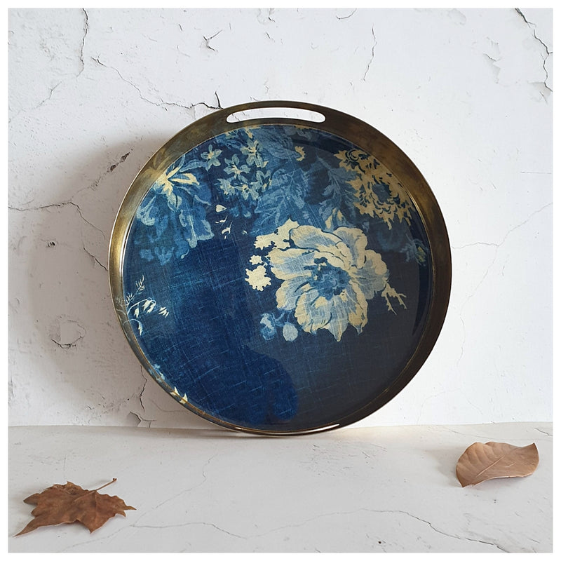 METAL TRAY - ROUND - HANDLE CUT - SET OF 2 - DENIM BLUE FLORAL