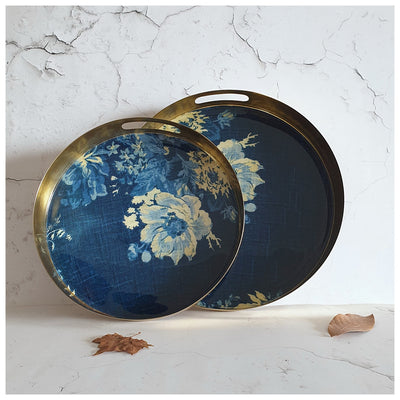 METAL TRAY - ROUND - HANDLE CUT - SET OF 2 - DENIM BLUE FLORAL