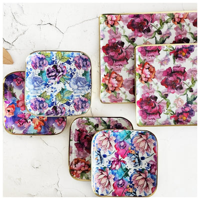 Metal Platter Gift Set (2 Rectangle & 4 Square Mix, Set of 6) - Country Rose
