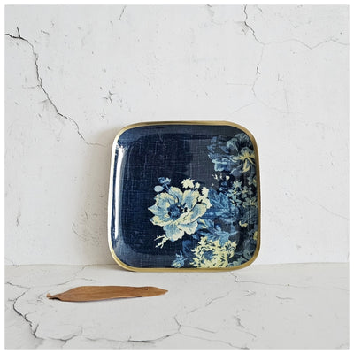 Metal Square Platter Set of 1 - Denim Blue Floral