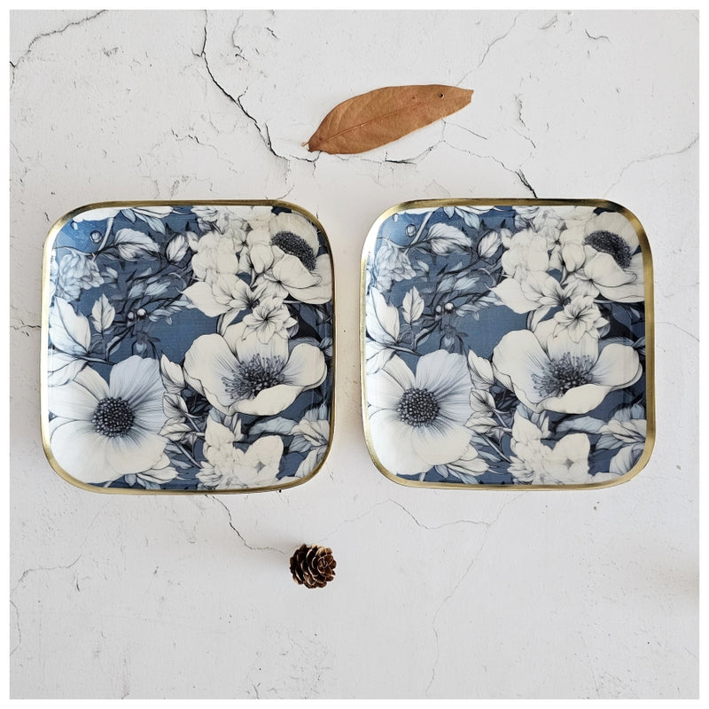 Metal Square Platter Set of 2 - Blue Hibiscus