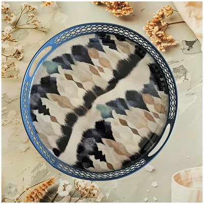 Serving Tray - Round - Laser Cut Metal - Set of 2 - Frosty Ikat