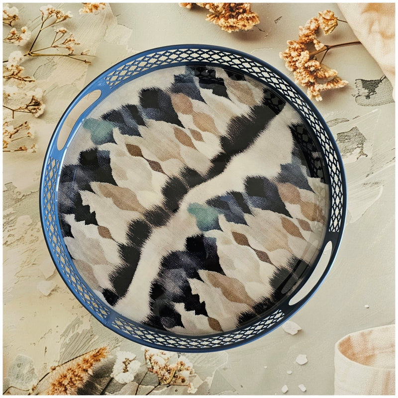 Serving Tray - Round - Laser Cut Metal - Set of 2 - Frosty Ikat