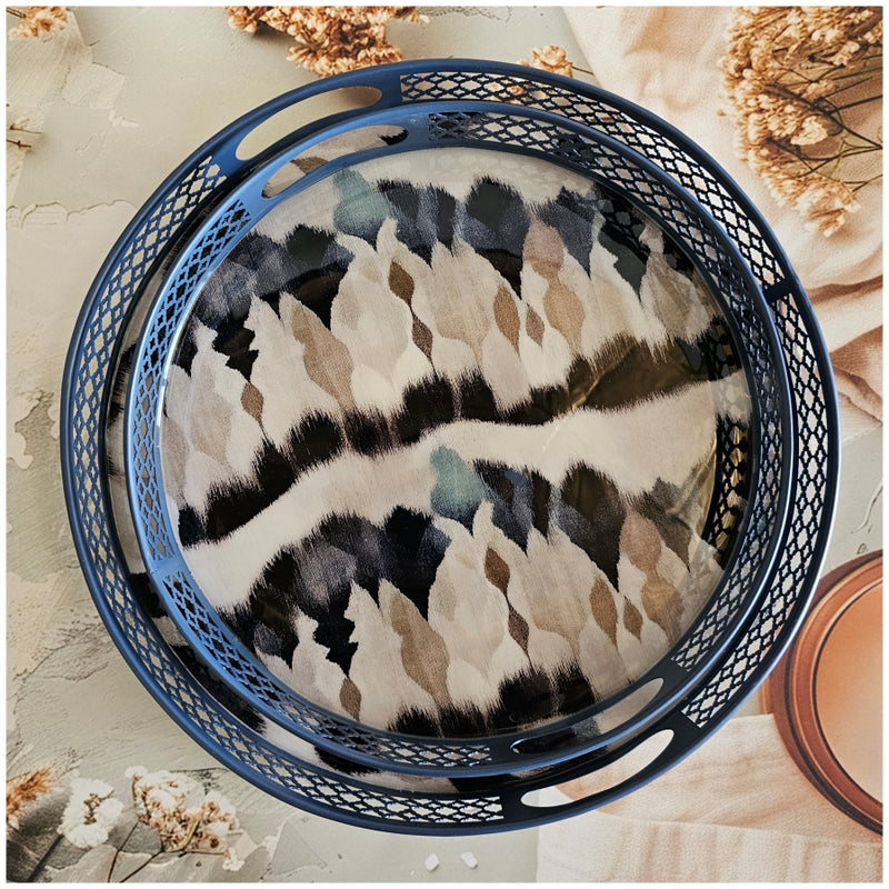 Serving Tray - Round - Laser Cut Metal - Set of 2 - Frosty Ikat