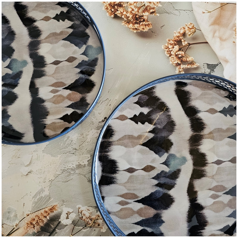 Serving Tray - Round - Laser Cut Metal - Set of 2 - Frosty Ikat