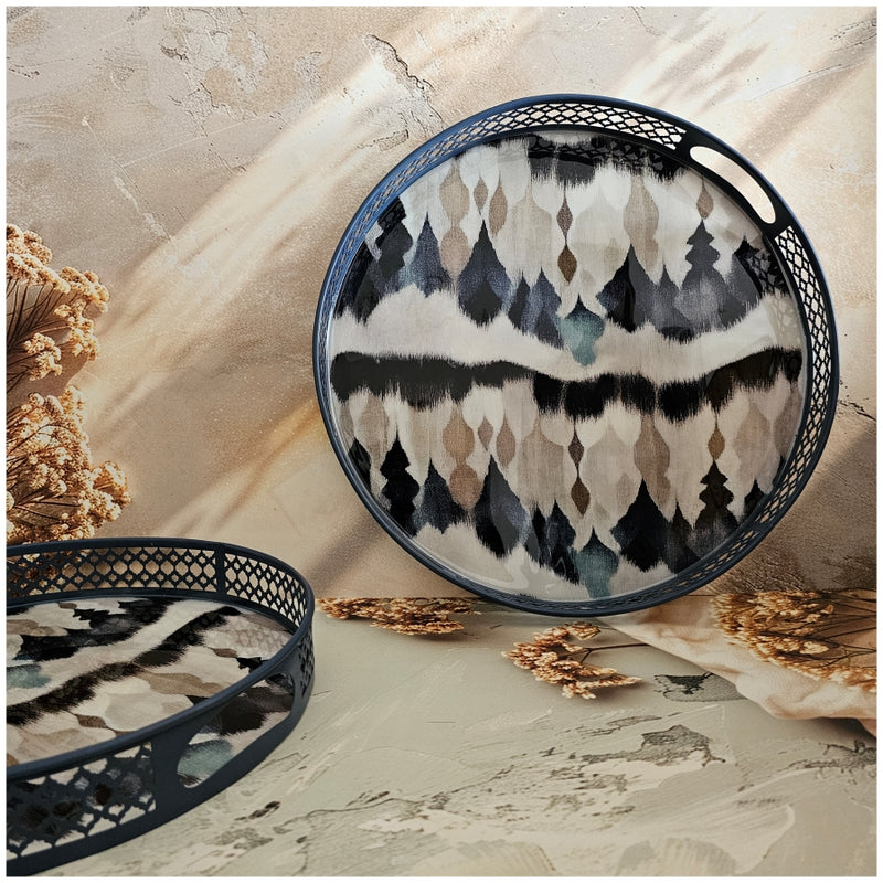 Serving Tray - Round - Laser Cut Metal - Set of 2 - Frosty Ikat
