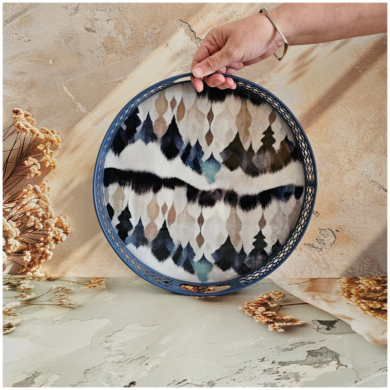 Serving Tray - Round - Laser Cut Metal - Set of 2 - Frosty Ikat