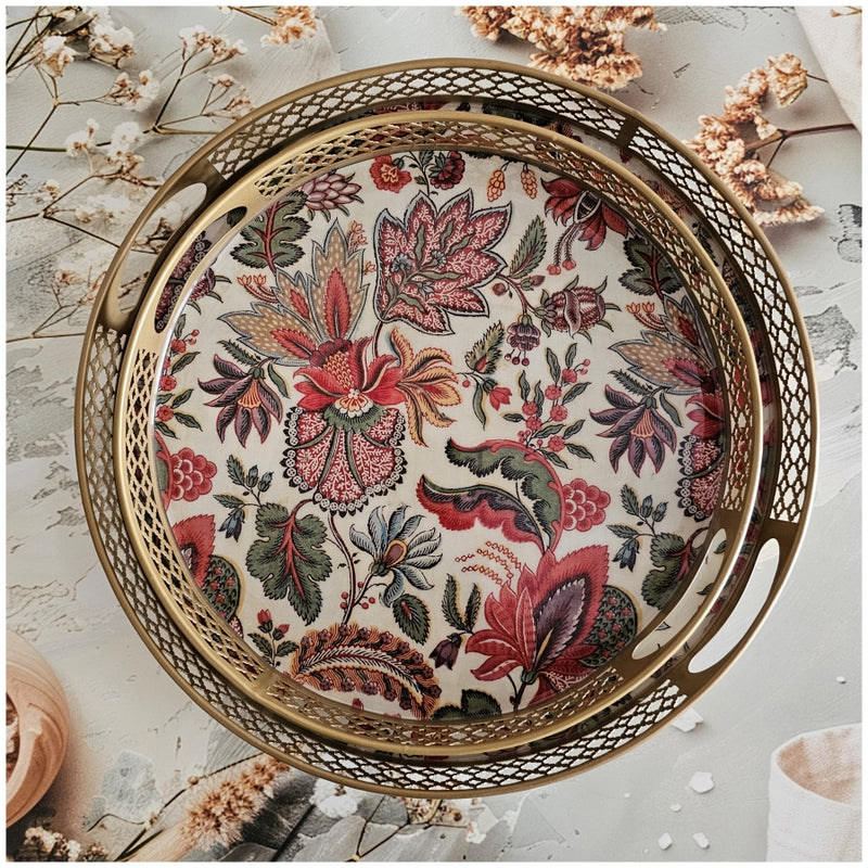 Serving Tray - Round - Laser Cut Metal - Set of 2 - Kalamkari