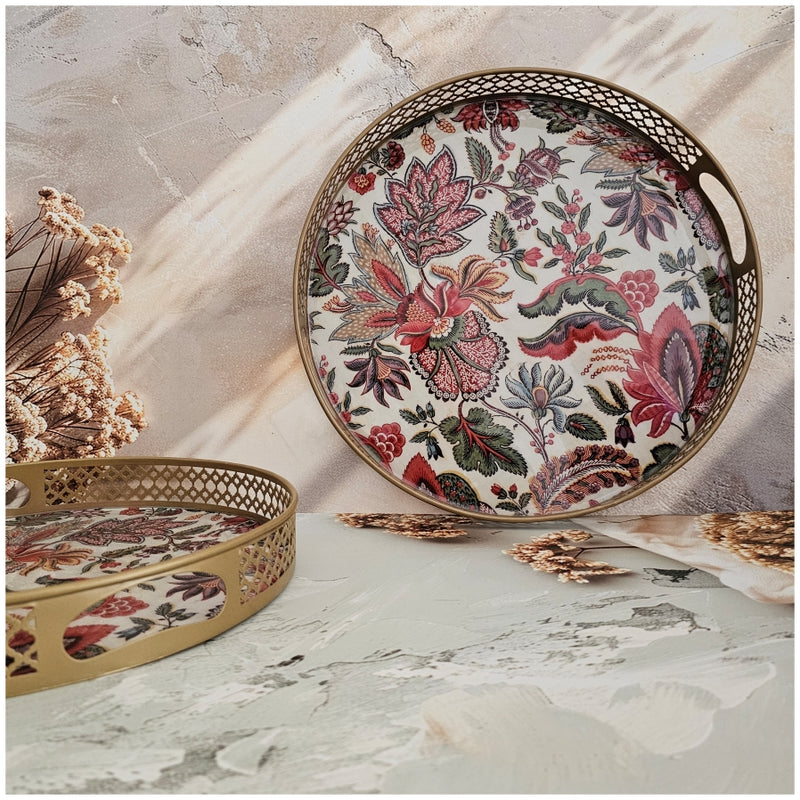 Serving Tray - Round - Laser Cut Metal - Set of 2 - Kalamkari