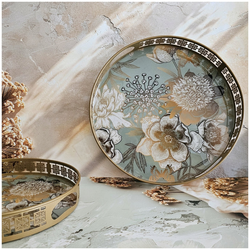Serving Tray - Round - Laser Cut Metal - Set of 2 - Summer Rain