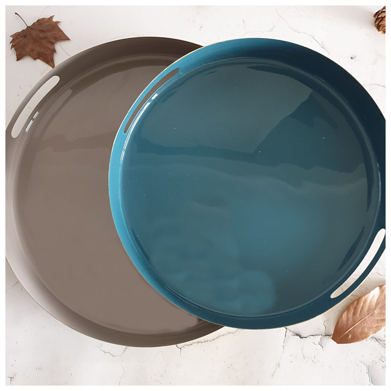 METAL TRAY - ROUND - HANDLE CUT - SET OF 2 - OCEAN