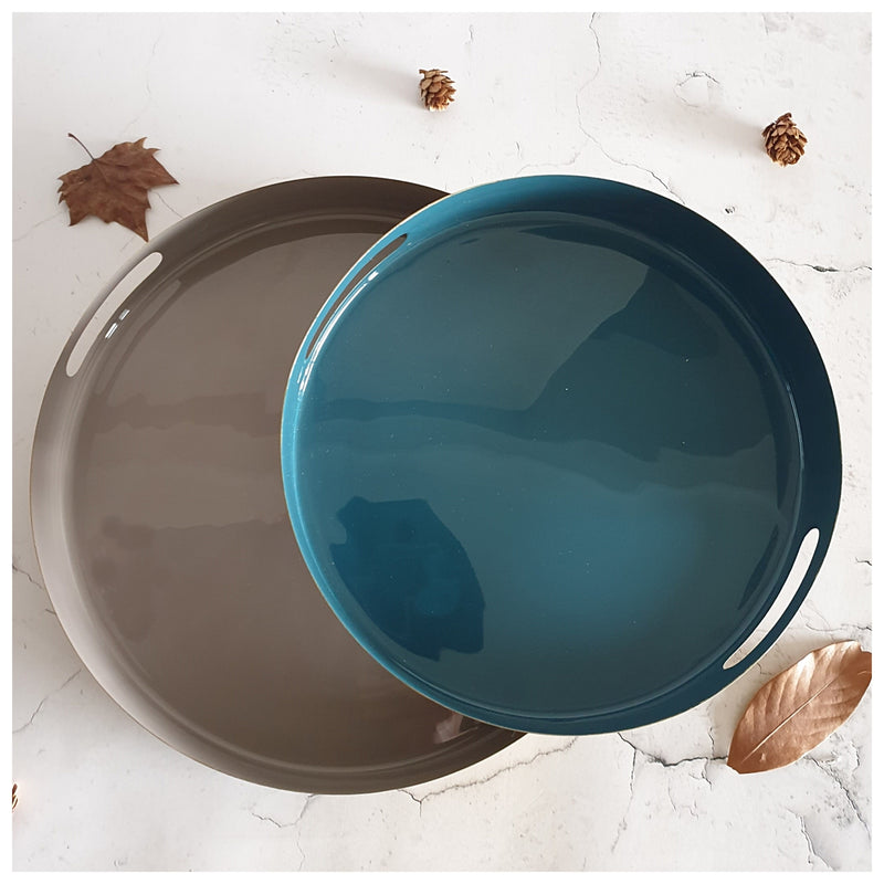 METAL TRAY - ROUND - HANDLE CUT - SET OF 2 - OCEAN