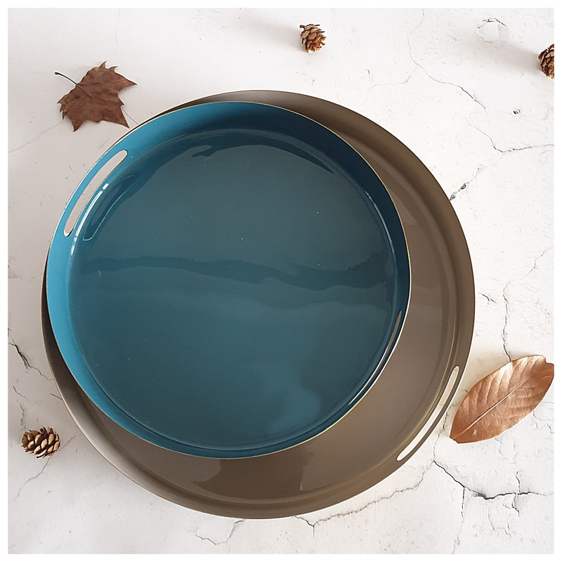 METAL TRAY - ROUND - HANDLE CUT - SET OF 2 - OCEAN