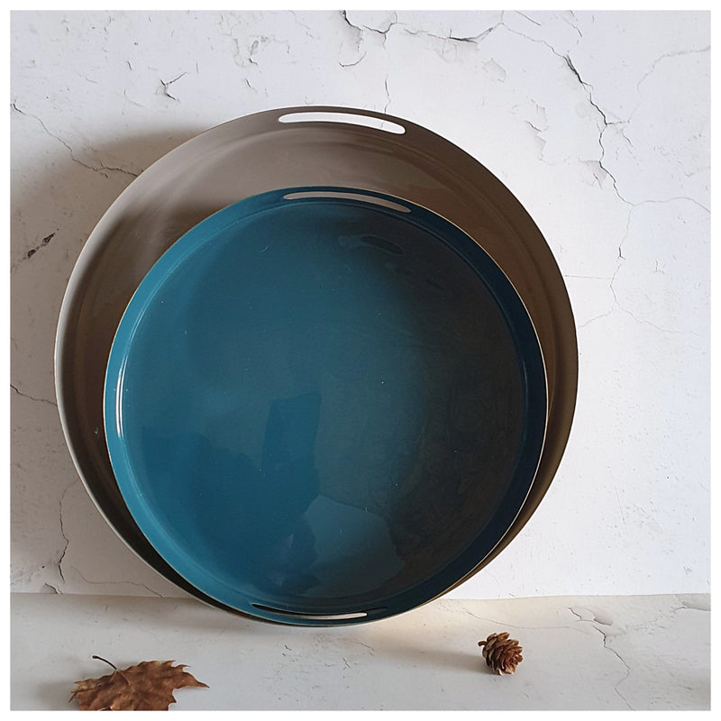 METAL TRAY - ROUND - HANDLE CUT - SET OF 2 - OCEAN