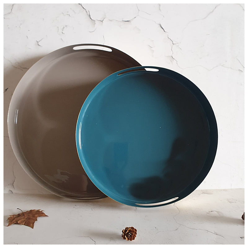 METAL TRAY - ROUND - HANDLE CUT - SET OF 2 - OCEAN