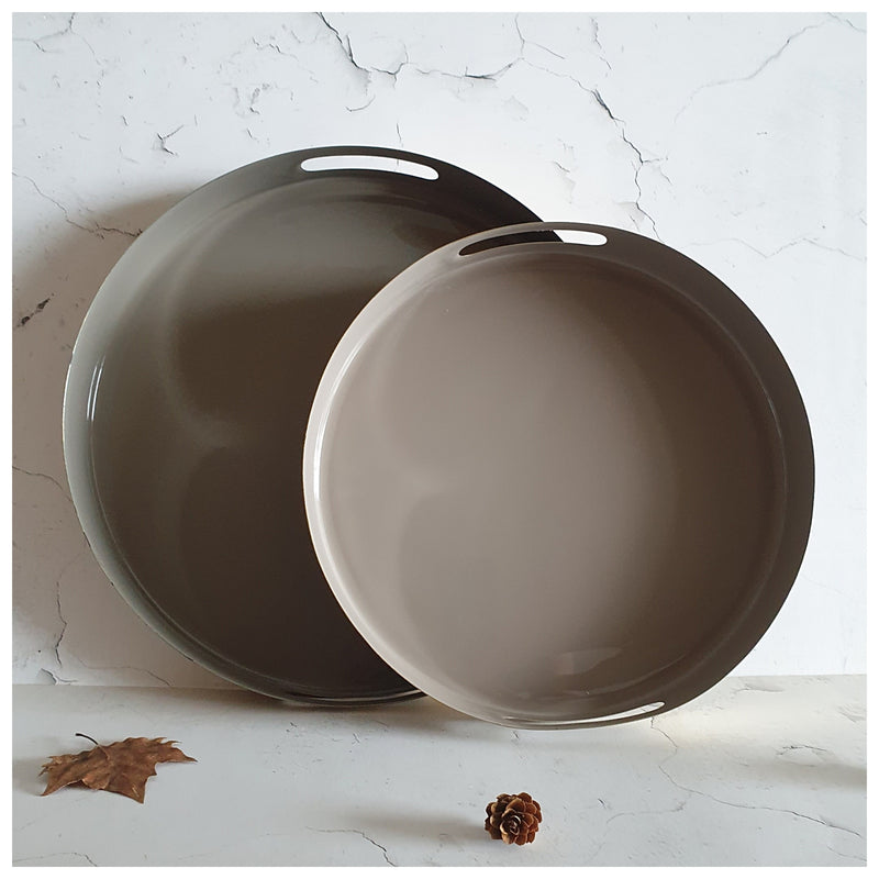 METAL TRAY - ROUND - HANDLE CUT - SET OF 2 - SAND