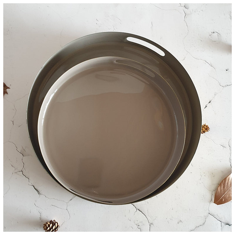 METAL TRAY - ROUND - HANDLE CUT - SET OF 2 - SAND