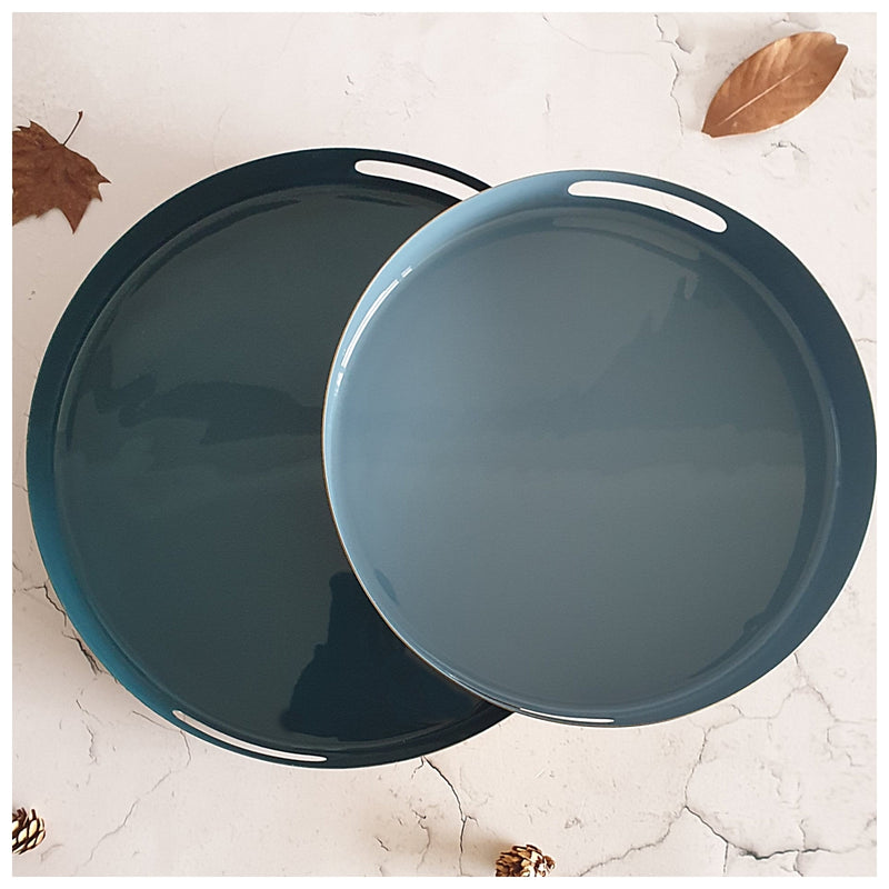 METAL TRAY - ROUND - HANDLE CUT - SET OF 2 - SKY