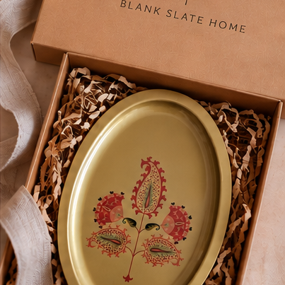 Metal Platter Oval - Gift Set - Motif Mughal Pink Floral