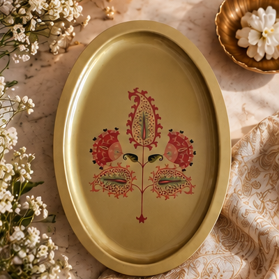 Metal Platter Oval - Gift Set - Motif Mughal Pink Floral