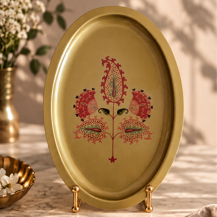 Metal Platter Oval - Gift Set - Motif Mughal Pink Floral