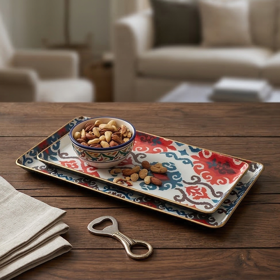 Metal Platter &amp; Tray (Rectangle, Set of 2) - Madhuban Ikat