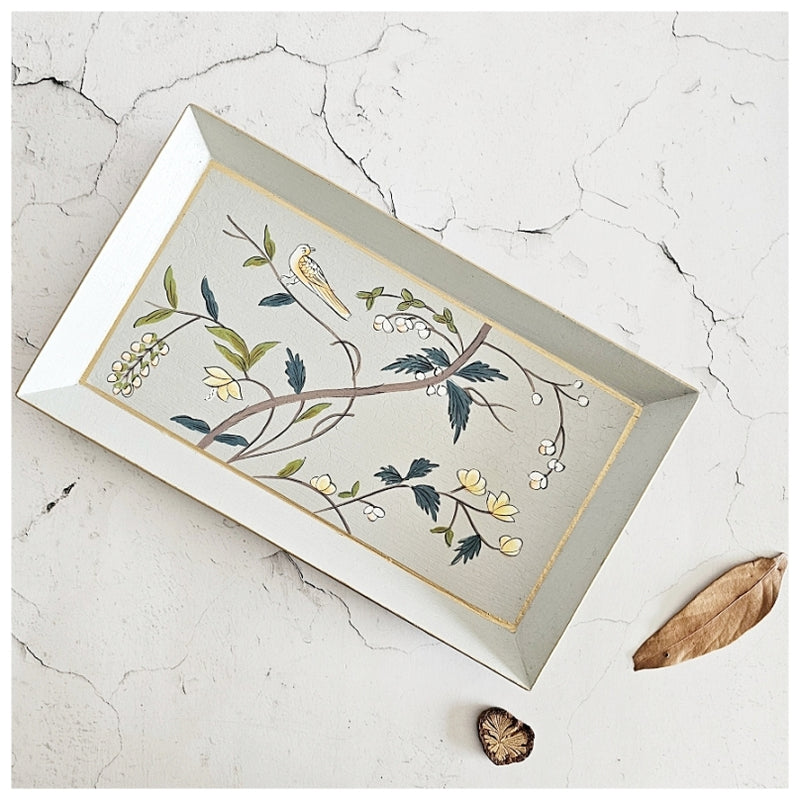 HAND PAINTED - PENCIL SHAPE TRAY - GREY BLOSSOM DESIGN