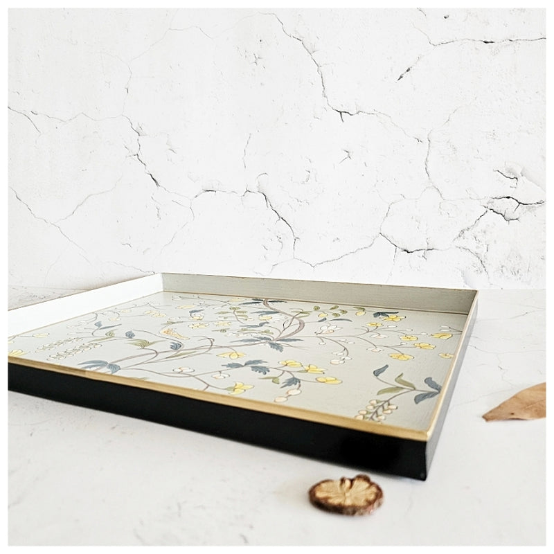 HAND PAINTED - SERVING TRAY RECTANGLE SLIM - GREY BLOSSOM
