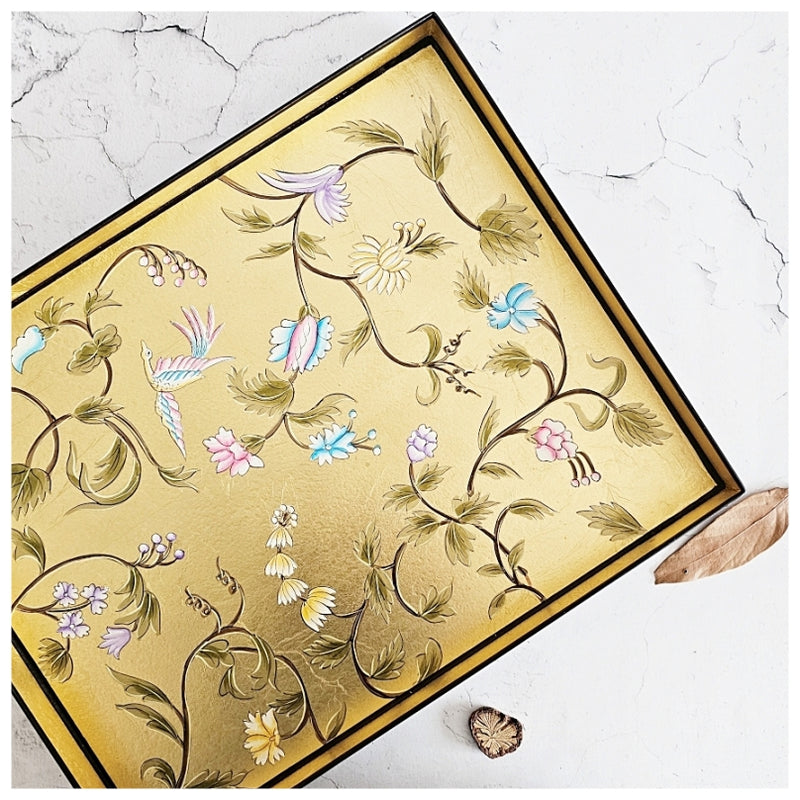 HAND PAINTED - SERVING TRAY RECTANGLE SLIM - GOLDEN LEAF