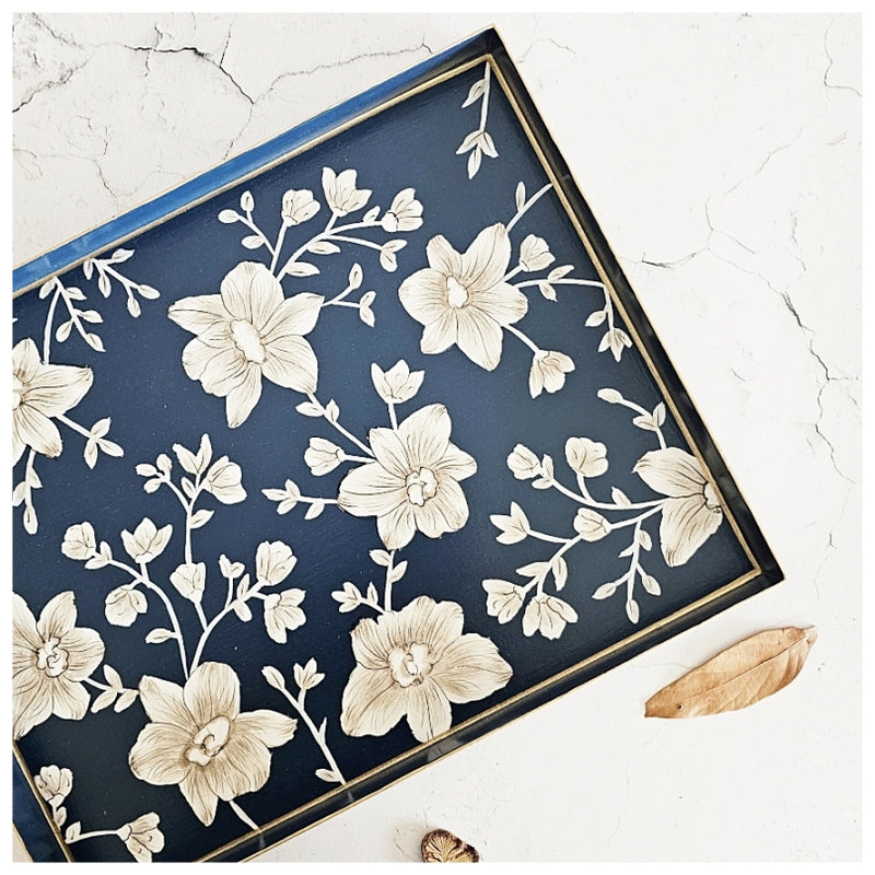 HAND PAINTED - SERVING TRAY RECTANGLE SLIM - BLOOMING HIBISCUS