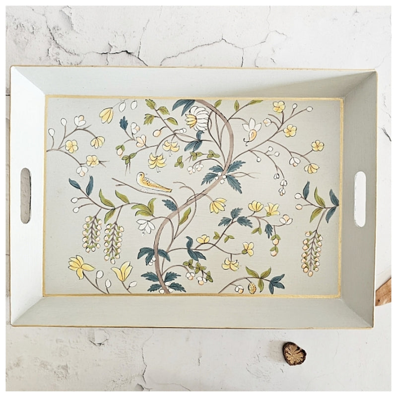 HAND PAINTED - SERVING TRAY RECTANGLE - GREY BLOSSOM