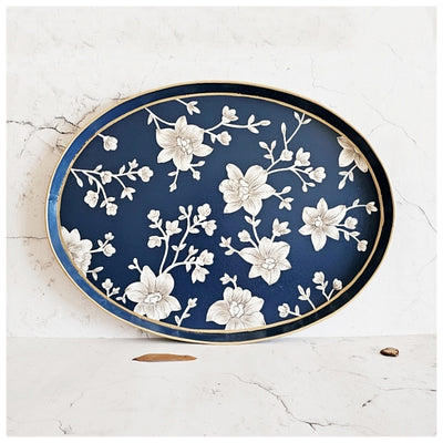 HAND PAINTED - BUTLER SERVING TRAY OVAL LARGE - BLOOMING HIBISCUS