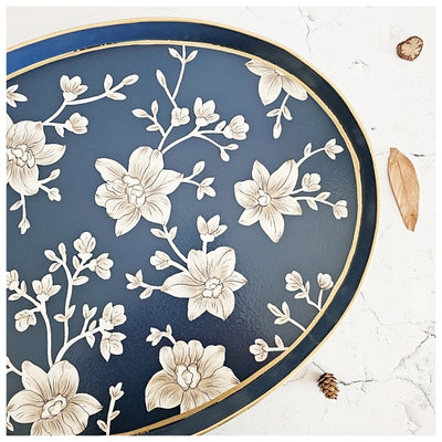 HAND PAINTED - BUTLER SERVING TRAY OVAL LARGE - BLOOMING HIBISCUS