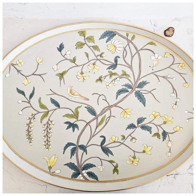 HAND PAINTED - BUTLER SERVING TRAY OVAL LARGE - GREY BLOSSOM