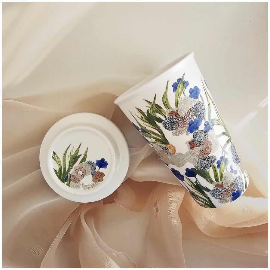 Porcelain - Coffee &amp; Tea Tumbler Set with Cookie Holder/Coaster/Lid in a Gift Set Box - Mid Summer Night