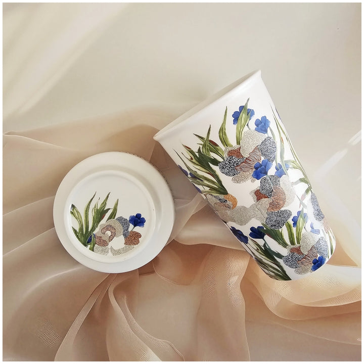 Porcelain - Coffee &amp; Tea Tumbler Set with Cookie Holder/Coaster/Lid in a Gift Set Box - Mid Summer Night