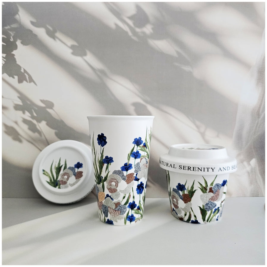 Porcelain - Coffee &amp; Tea Tumbler Set with Cookie Holder/Coaster/Lid in a Gift Set Box - Mid Summer Night